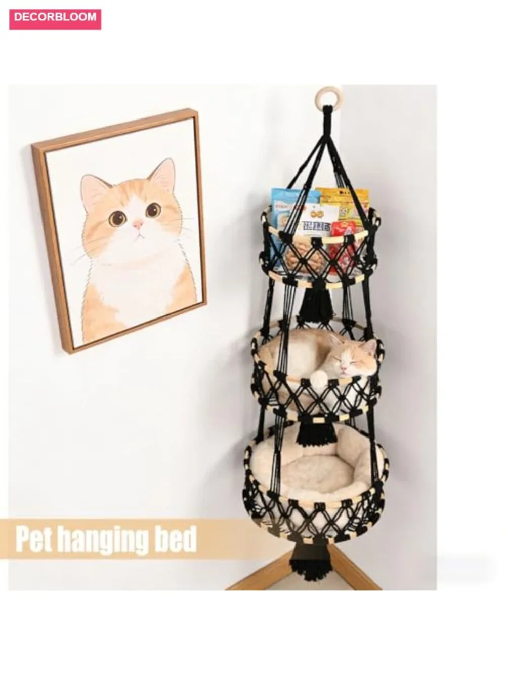 3 Tier Hanging Fruit Basket Macrame Cotton Rope Handwoven Hammock Produce